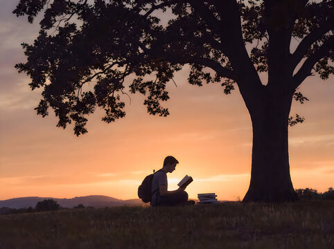 AI Geneative Silhouette of a student reading a book under a large tree at sunset, peaceful outdoor education and learning concept, young man studying in nature