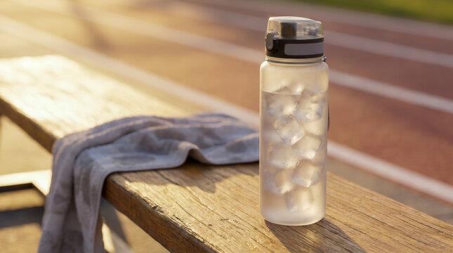 A plastic water bottle filled with ice cubes sitting on a wooden bench at a running track.
