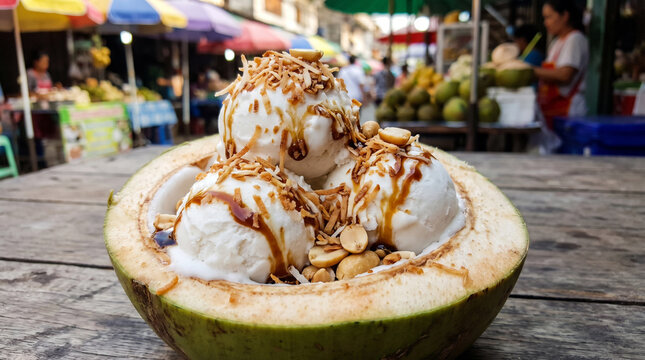 Thai Coconut Ice Cream Scoops in Young Coconut Shell with Caramel Sauce, Toasted Coconut and Peanuts at Street Market