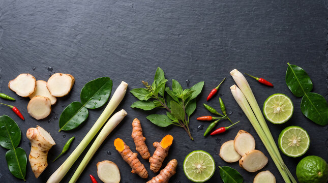 Overhead Flat-lay of Fresh Thai Cooking Herbs on Dark Slate, Galangal, Lemongrass, Kaffir Lime, Thai Basil and Turmeric
