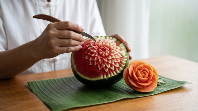 Thai Traditional Fruit Carving Artisan Hands Creating Chrysanthemum on Watermelon with Carved Papaya Rose on Banana Leaf