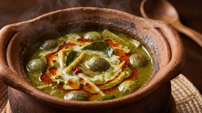 Authentic Thai Green Curry Simmering in Clay Pot with Thai Eggplant, Bamboo Shoots and Kaffir Lime Leaves, Steam Rising