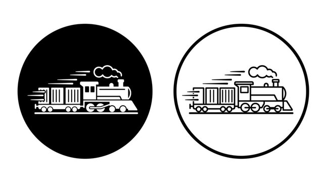 Steam locomotive icon with smoke black and white line art style