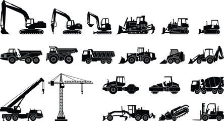 Construction Heavy Equipment Silhouette Icon Set Excavator Bulldozer Crane Vector Collection © Milon
