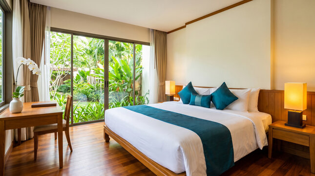 Thai Luxury Hotel Bedroom with Teak King Bed, White Linen, Teal Silk Cushion and Floor-to-Ceiling Tropical Garden Glass Door