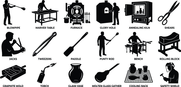 Glass Blowing Tools Silhouette Icon Set Glassmaking Equipment Vector Collection
