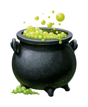 Black iron cauldron with bubbling glowing green potion, cartoon style illustration isolated on transparent background