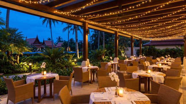 Elegant Thai Open-Air Terrace Restaurant at Dusk with String Lights, Rattan Chairs, White Linen and Tropical Garden View