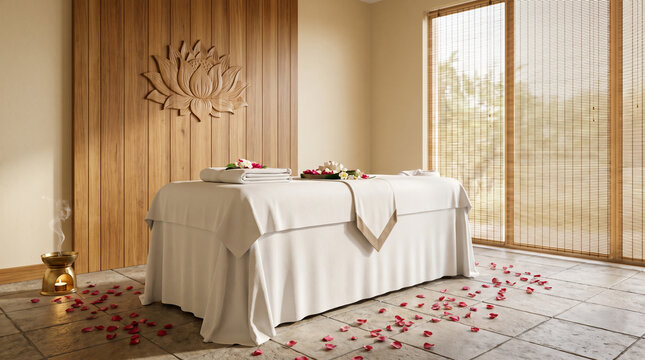 Thai Spa Treatment Room with White Massage Table, Carved Teak Lotus Wall Panel, Rose Petals on Stone Floor and Bamboo Screen Window