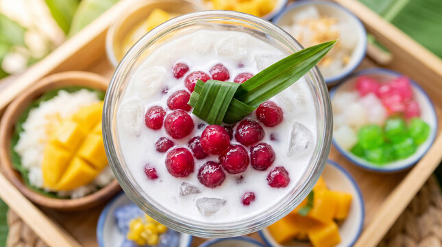 Thai Tab Tim Krob Dessert Overhead, Ruby Red Water Chestnuts in Crimson Tapioca Floating in Coconut Milk with Pandan Leaf