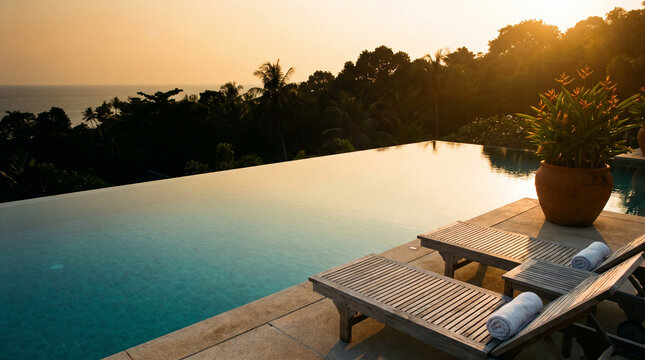 Thai Luxury Villa Infinity Pool at Sunset with Teak Sun Loungers, Terracotta Planter and Dramatic Ocean and Jungle Horizon