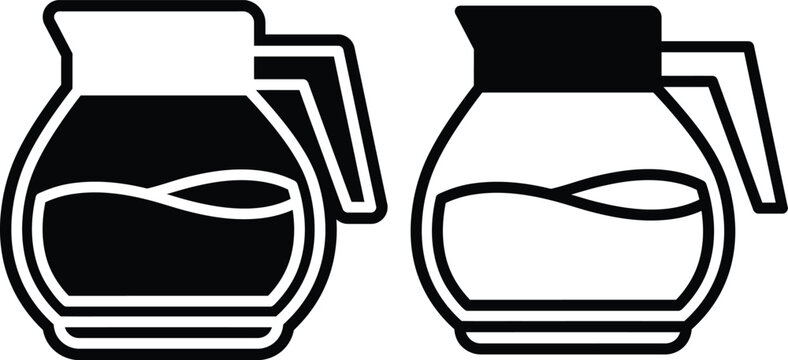 Coffee pot or carafe icon set in solid and outline design with beverage caffeine breakfast container restaurant refreshment kitchenware household