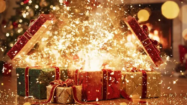 Stack of wrapped christmas gifts before a warm glowing fireplace a festive