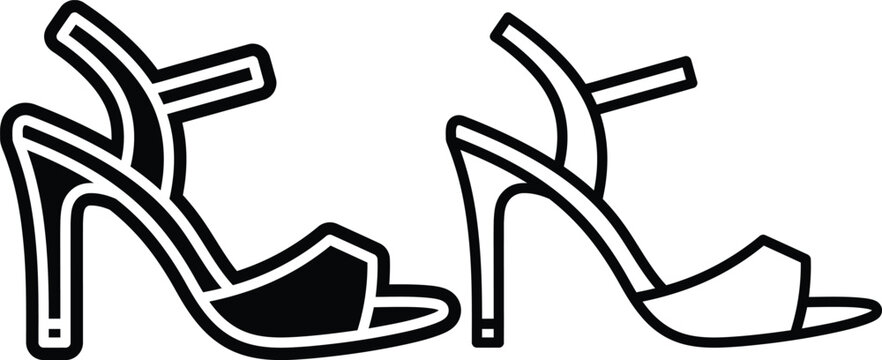 High heel sandals icon set in solid and outline style with footwear clothing accessories stiletto illustration silhouette collection