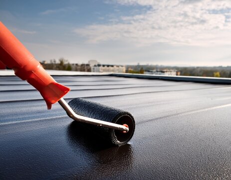 black roller brush in action applying waterproof coating on rooftop copy space roofing construction protective coatings