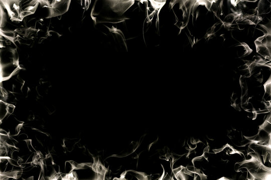 Wispy white smoke steam frame border isolated on black background
