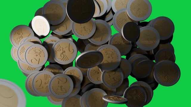 Bimetal coins tumbling after light shift, revealing rims and texture on transparent backdrop