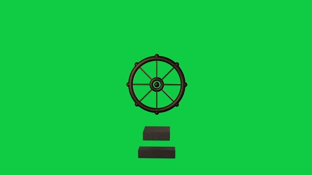 On play bronze helm growing shifting spokes rotating steps expanding forming emblem on clear canvas