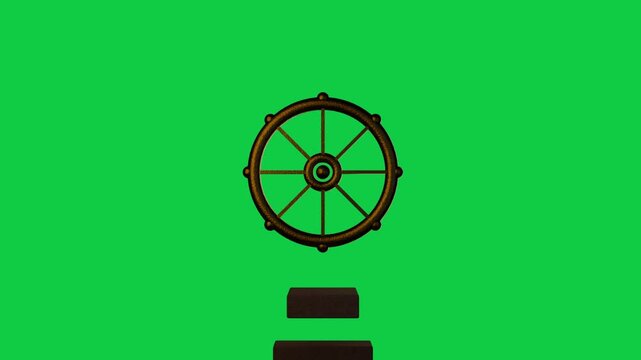 On reveal brass wheel rotating cw, rim glow moving, signaling UI above two bars on transparent