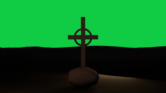 Warm beam starting right lighting Celtic cross on base, revealing form; background transparent