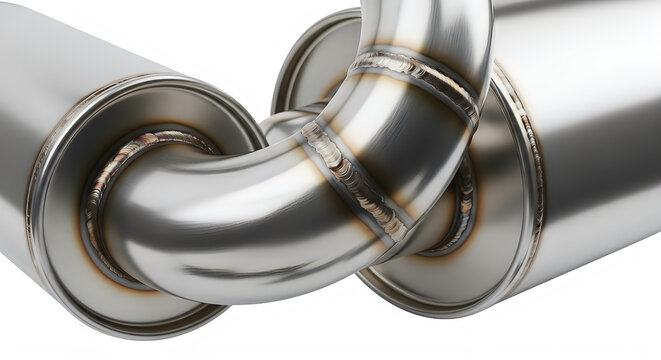 Stainless steel exhaust pipe with tig welds isolated on transparent background automotive component detail