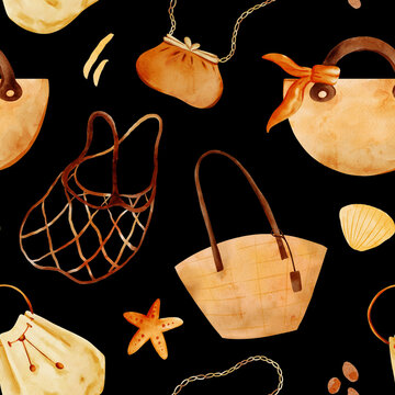 Watercolor fashion summer bags and sea shells seamless pattern on black