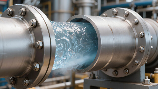 Industrial steel piping system transporting liquefied natural gas. Concept of energy infrastructure, gas industry operations, and chemical industrial engineering