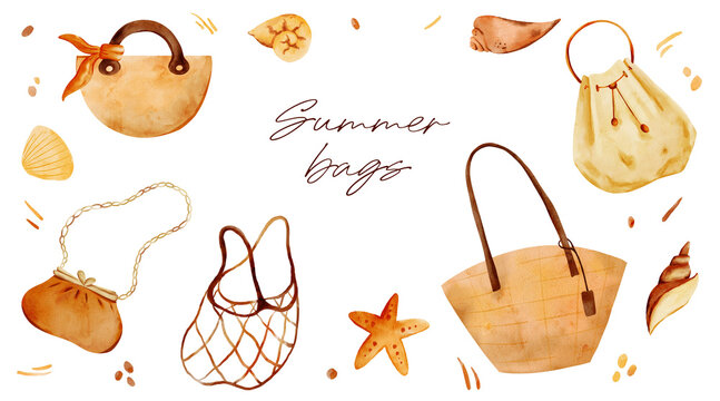 Summer bags and sea shells watercolor composition