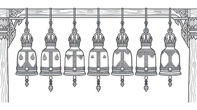 Line Art Drawing of Seven Ornate Thai Temple Bells Hanging on Wooden Frame