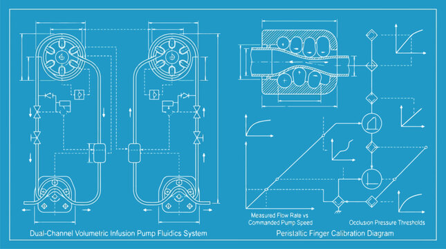 Engineering blueprint schematic diagrams vector template on blue background.