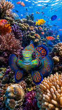 Uniquely placed Mandarin fish on a colorful tropical reef facing forward, unlike any other Mandarin fish in the collection. 
