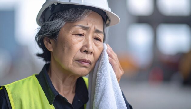 現場の作業員が汗を拭いている