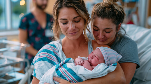 Surrogate mother tearfully handing newborn to intended parents in hospital delivery room, nurse stepping back respectfully, parents in tears of gratitude, surrogacy journey culmination moment, hospi