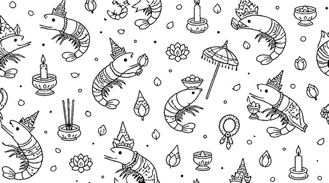Traditional Thai Shrimp and Cultural Symbols Pattern.