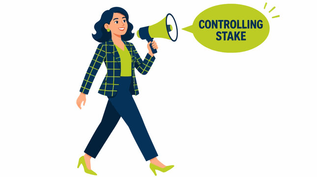 Confident woman holding megaphone with controlling stake sign.