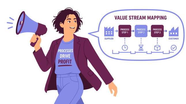 Woman with megaphone promoting value stream mapping concept.