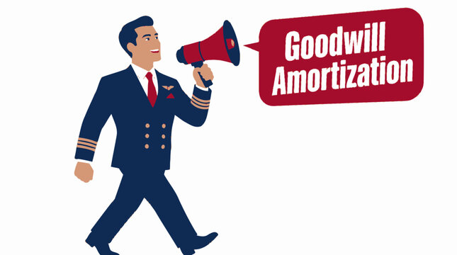 Businessman with megaphone announcing goodwill amortization.