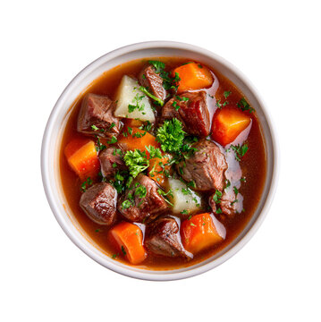 Top view of a beef stew with carrots and potatoes in a white bowl isolated on transparent background