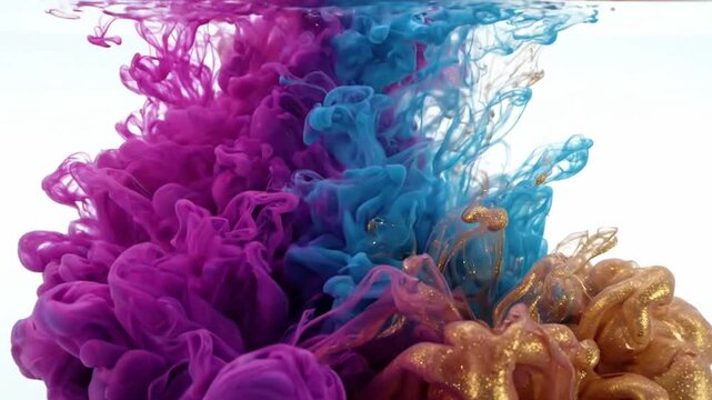 Purple and gold ink swirls dissolving in clear water background paint color