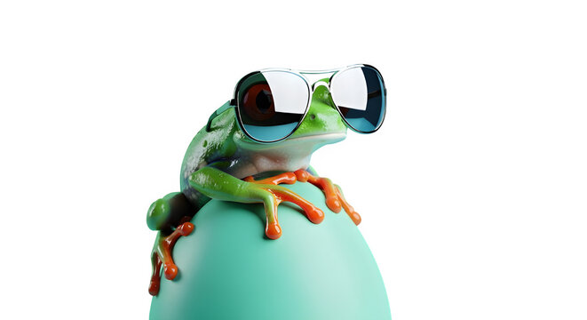 Funny frog with sunglasses perched on a teal egg, isolated on white