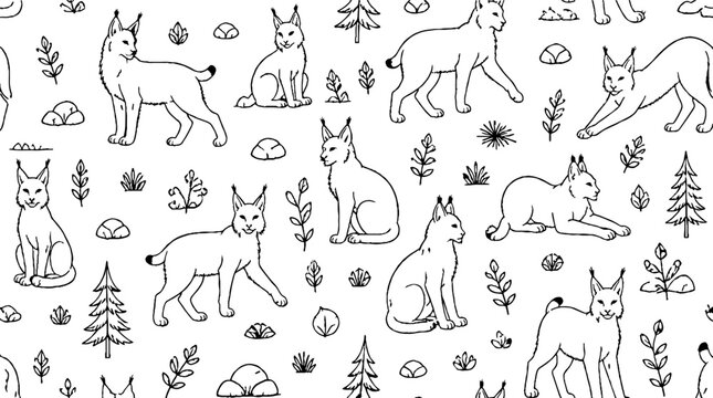 Playful Lynx and Foxes in Forest Illustration.