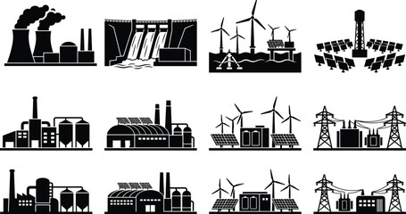 Obraz premium Comprehensive set of black silhouette power plant and energy facility icons including solar, wind, hydro, and thermal generation technologies