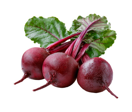 Fresh red beetroot with vibrant green leaves isolated on transparent background