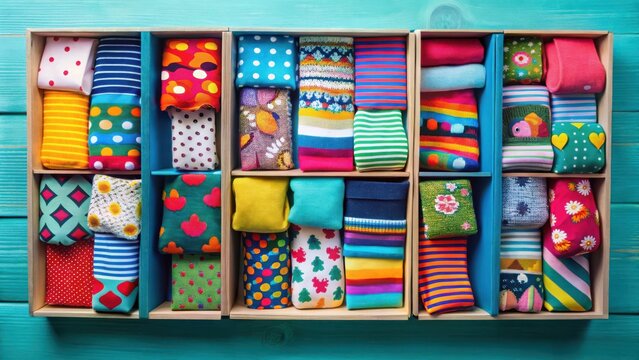 A vibrant collection of colorful and patterned socks neatly organized in wooden compartments, showcasing a delightful array of textile designs and textures.