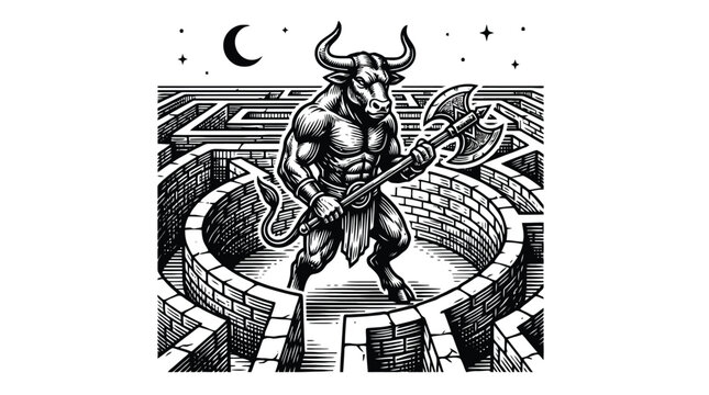 Horned demon character vector illustration gothic engraving circular pattern design.