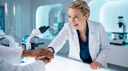 Fototapeta premium Female scientist stacking hands with research team in laboratory