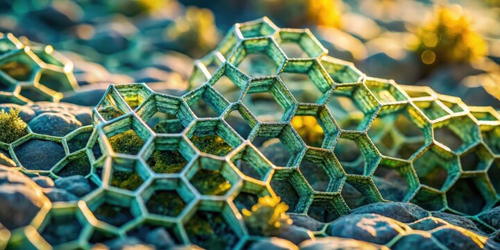 Intricate Honeycomb Structure Adorned with Verdant Accretions Resting on a Bed of Smooth Stones