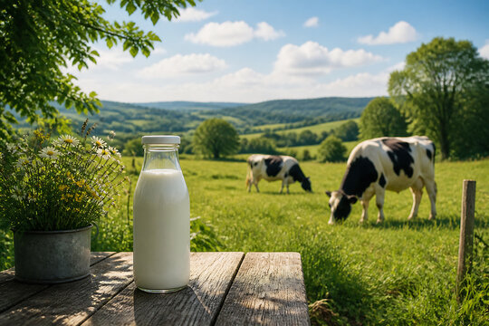 A glass of milk sits on a wooden table in a sunny, green pasture with cows grazing under a blue sky.