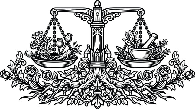 Justice law scales balance ornate vector illustration with floral symmetry.