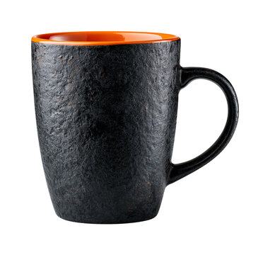 Black textured ceramic coffee mug with orange interior isolated on transparent background